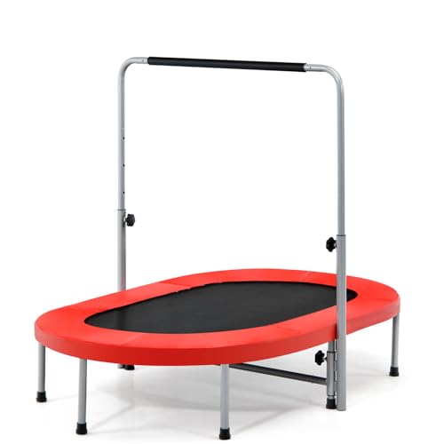 GYMAX Rebounder Trampoline for Adults, 60" Foldable Mini Kids Trampoline Indoor with 5-Level Height Adjustable Handle & Non-Slip Pads, Easy Assembly for Fitness Workout, Max Load 330lbs - color: Red