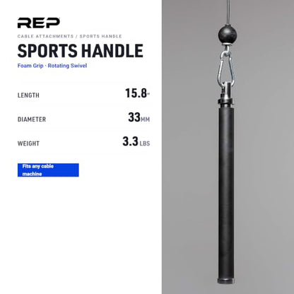 REP Fitness LAT Pulldown and Low Row Cable Machine Attachments and Functional Trainer Attachments – Curl Bar, D-Handle, Ankle Cuff, Tricep Rope, Sports Handle, Straight Bar, Row, Chinning Triangle - style: Sports Handle