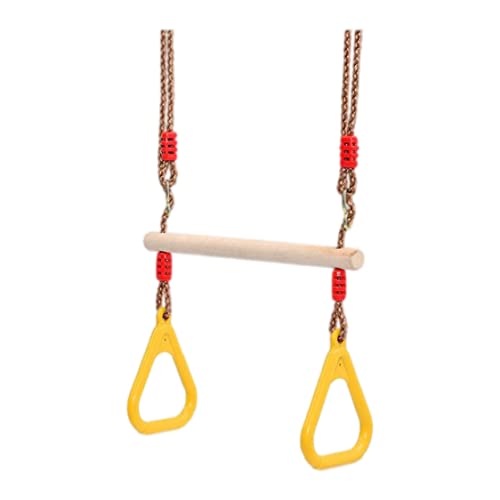 Trapeze Swing Bar Wooden Hanging Hoop Gymnastic Swing Rings with Adjustable Straps Yellow