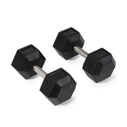 Titan Fitness 50 LB Pair Free Weights, Black Rubber Coated Hex Dumbbell, Straight Stainless Steel Handle, Strength Training, Full Body Workout