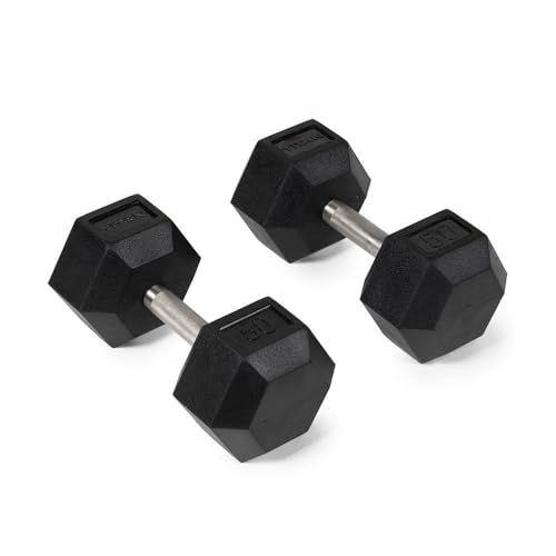 Titan Fitness 50 LB Pair Free Weights, Black Rubber Coated Hex Dumbbell, Straight Stainless Steel Handle, Strength Training, Full Body Workout
