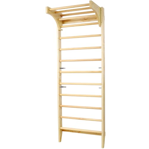 Adjustable Swedish Stall Bars & Pull-Up Bar for Home Gym, Physical Therapy - Heavy-Duty Beech/Pine Wood, Space-Saving Wall-Mounted Design