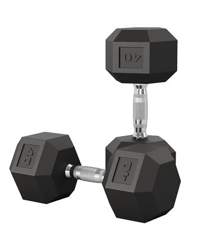 40LB Hex Dumbbells Set of 2 – Rubber/PVC Coated Cast Iron – Non-Slip Textured Carbon Steel Handles – Anti-Roll Strength Training Weights for Home Gym, Fitness Workouts – Black