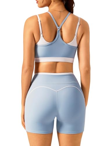Womens Workout Sets 2 Piece Matching Gym Set High Waist Shorts With Pockets & Sports Bra Yoga Athletic Outfits Set Blue M