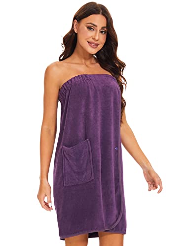 Knuffnee Women Bath Towel Robe Spa Body Wrap Shower Bathrobe Adjustable Snap Closure - color: Purple, size: Small-Medium