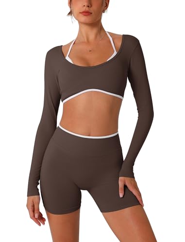 ABOCIW Workout Sets for Women 2 Piece Seamless Color Block Long Sleeve Crop Top Scrunch Butt High Waist Shorts Gym Set - color: Coffee, size: X-Small