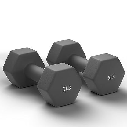 GRETERST Hex Dumbbells Set Rubber Coated Hand Weights Exercise & Fitness for Home Gym Workouts Weight Strength Training, Anti-Slip, Anti-Roll, Set of 2, Grey, 5LB