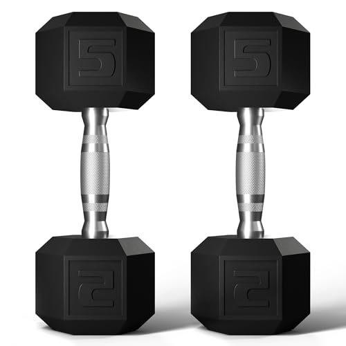 GRETERST Dumbbells Set Rubber Coated Hex Hand Weights Exercise & Fitness for Home Gym Workouts Strength Training Equipment, Black, 5LB
