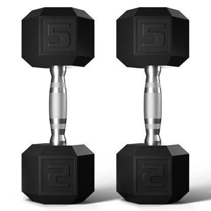 GRETERST Dumbbells Set Rubber Coated Hex Hand Weights Exercise & Fitness for Home Gym Workouts Strength Training Equipment, Black, 5LB