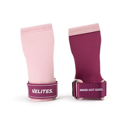Velites - Official Crossfit® Games Quad Ultra Grips - No Chalk and Smooth Bars - Wristbands and Carry Bag Included - Pull-ups, Muscle-ups and Toes to bar - color: Pink, size: Large