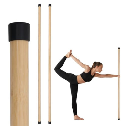 Yoga Stick, 5ft Exercise Stick for Mobility, Stretching Stick with Non-Slip Ends, Exercise Dowel for Pilates, Balance Pole and Stretch Bar for Stretching Equipment - size: 2 PCS (58 inches + 58 inches) Natural Bamboo