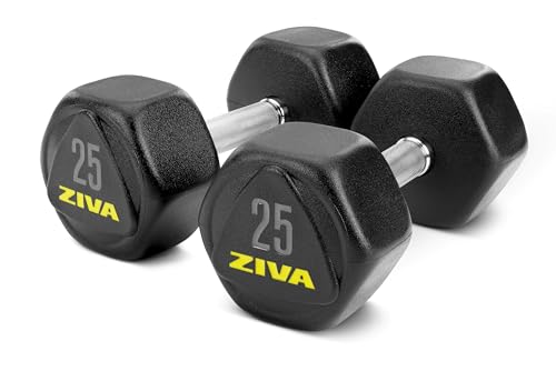 ZIVA Premium Hex Dumbbells – Commercial Grade Rubber Urethane Coated Free Weights for Strength Training, Weightlifting, Home Gym – Durable Steel Core – Sold in Pairs and Sets - style: j) 25lb BK