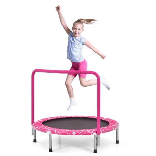 KOTEK 36 Inch Toddler Trampoline, Foldable Mini Recreational Trampoline with Handle & Safety Padded Cover, ASTM Approved Small Baby Trampoline, Indoor Trampoline for Kids, Max Load 330 Lbs - color: Pink