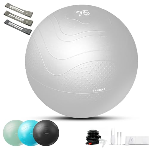 HAPBEAR Exercise Ball (22''/26''/30'') - Anti-Burst Slip-Resistant Yoga/Pilates Ball for Core Training & Posture Improvement, Home Gym/Rehab/Pregnancy Ball, Quick Pump & 3 Resistance Bands Included - color: Grey, size: XL (27-30IN / 68-75cm)
