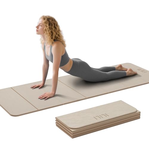 ILILI Foldable Yoga Mat 71 * 24 * 0.3'' - TPE Non-Slip Fitness Mat for Home，Waterproof & Lightweight (2lb) for Home Gym, Pilates & Stretching,Fitness Workouts - color: Beige