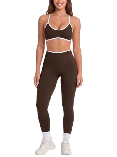 Womens Workout Sets 2 Piece Contrastline Sports Bra Seamless High Wait Butt Lifting Leggings Gym Yoga Outfits - color: Coffee, size: Medium