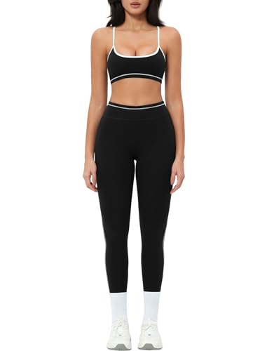 Womens Workout Set Two Piece Strappy Color Block Sports Bra Matching High Waist Leggings Gym Work Pilates Outfits - color: Black, size: X-Small