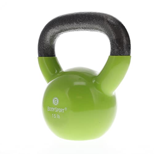Body Sport Cast Iron Vinyl Coated Kettlebells, 15 lb., Light Green – Kettlebell for Weight Lifting – Strength Training Kettlebell – Professional Fitness for Gym & At Home