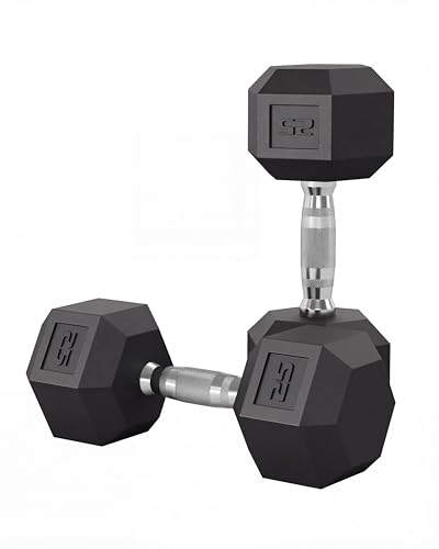 5-50 LB Hex Dumbbells Set of 2, Rubber Encased Cast Iron Dumbbells with Textured Carbon Steel Handle, Anti-Roll Hexagon Weight Pair for Home Gym Strength Training, Fitness Workouts for Men & Women - size: 25LBx2