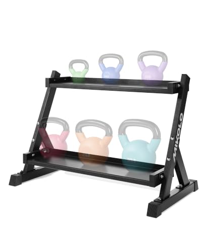 Mikolo Neoprene Coated Cast Iron Kettlebells 5-30LB Set, Solid Weight Set with Wide Grip Handle and Flat Bottom, Ideal for Full Body Strength Training at Home Gym - size: Rack Only