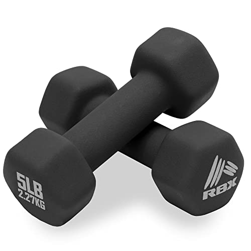 RBX Weights Dumbbells Set - Neoprene Arm Weights With Non-Slip Grip, Strength Training Equipment for Home or Gym, Anti-Roll - color: Black, size: (D) 5 lb (Set of 2), style: (D) 5 lb