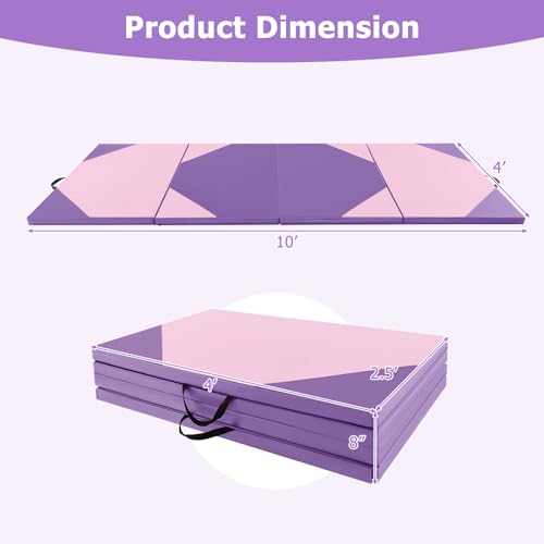 GYMAX Gymnastics Mat, 4 FT x 10 FT x 2 Inches Folding Exercise Mat w/Carrying Handles, Hook & Loop Fasteners, Tumbling Mat Waterproof for Yoga, Stretching, Home Gym