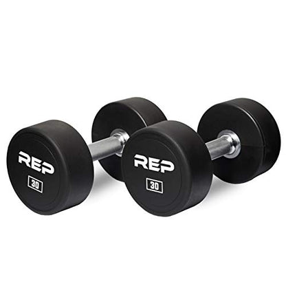 REP Fitness Urethane Coated Round Dumbbells, 5 to 100 lbs, Singles or Pairs, With or Without Rack, Steel Core, Rubber Encased, Chrome Handles, Professional Weights for Home Gym Strength Training - style: 30 lb Pair
