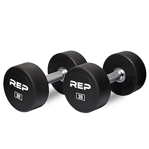 REP Fitness Urethane Coated Round Dumbbells, 5 to 100 lbs, Singles or Pairs, With or Without Rack, Steel Core, Rubber Encased, Chrome Handles, Professional Weights for Home Gym Strength Training - style: 30 lb Pair
