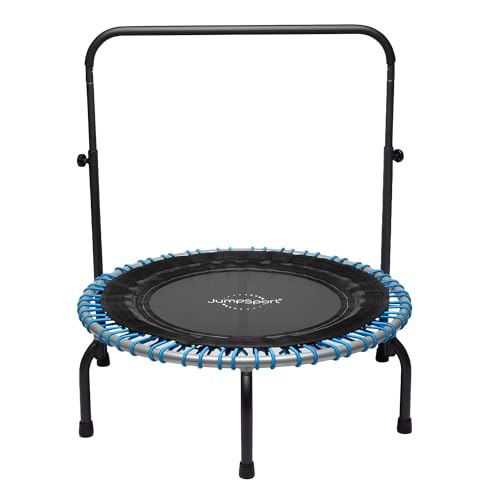 JumSport 350 Series 39" Trampoline & Handle Bar Bundle, 30 Adjustable Bungees, Stable No-Tip Arched Legs, & 60 Day Trial Streaming Video & DVD, Teal