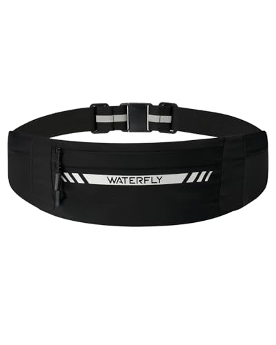 WATERFLY Running Belt Fanny Pack: Slim Breathable 4 Pocket Waist Bag for Men Women Sport Workout Exercise Fitness Phone Holder - Runner Marathon Jogging Waistband Fits ALL Phones Black