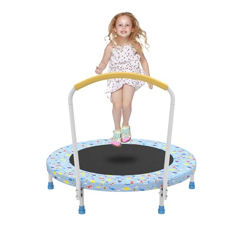 36" Mini Toddler Trampoline with Handles, Indoor Quiet Kids Trampoline with Super Safety Mat and Durable Steel Frame, Indoor/Outdoor - color: Light Blue Print