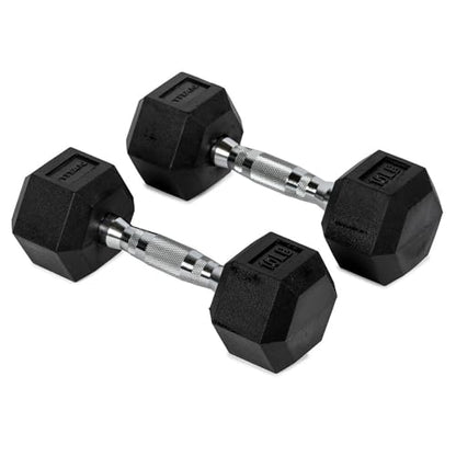 Titan Fitness Pair Rubber Coated Hex Dumbbells, Roll-Resistant Hexagonal Free Weights, Chrome-Coated Handles with Knurling, Strength Training Equipment - style: 10 lb, Pair