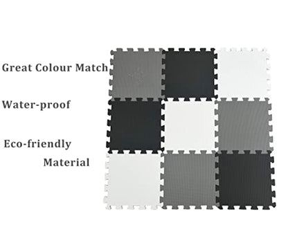 16 Pieces Foam Play Mat with Border, Interlocking Playmat Tiles, Foam Floor Mat Tiles, Puzzle Play Mats, Exercise Gym Mats – Color of Black & Grey & White
