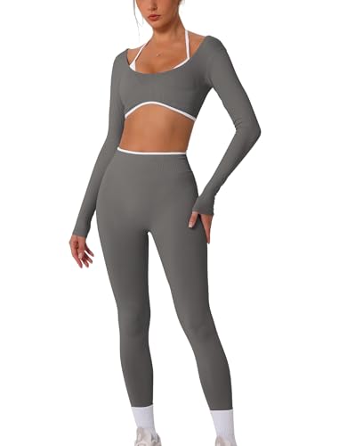 AGYMNX 2 Piece Workout Sets for Women Contrast Panel Long Sleeve Halter Crop Top and High Waist Leggings Jogger Outfits - color: Gray, size: X-Small