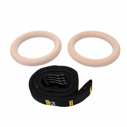 Gymnastics Rings, Premium Birch Wood with No Burr Finish and Thickened Polyester Straps for Upper Body Workout at Home or Gym