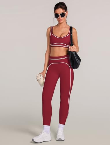 ABOCIW Women 2 Piece Workout Sets Color Block Sports Bra High Waist Tummy Control Leggings Gym Yoga Pilates Outfits