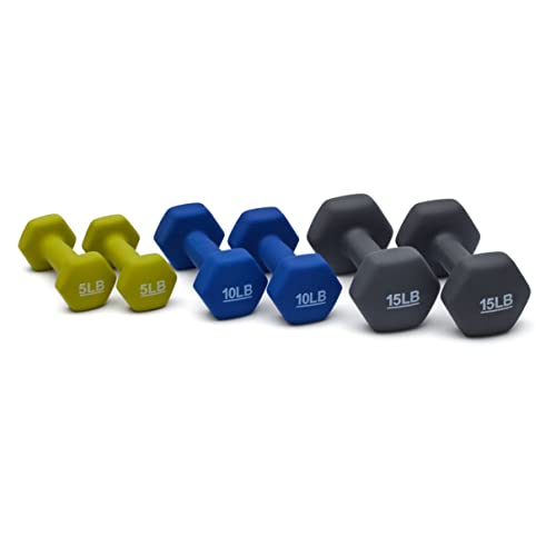 Amazon Basics Neoprene Dumbbell Hand Weights for Exercise and Muscle Toning - style: Rack with 3 Pairs (5, 10, and 15 Pound)