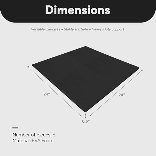 BalanceFrom Puzzle Exercise Mat 1/2" Thick, EVA Interlocking Foam Floor Tiles for Home Gym, Mat for Home Workout Equipment, Floor Padding for Kids, Black, 24 in x 24 in x 1/2 in, 24 Sq Ft - 6 Tiles