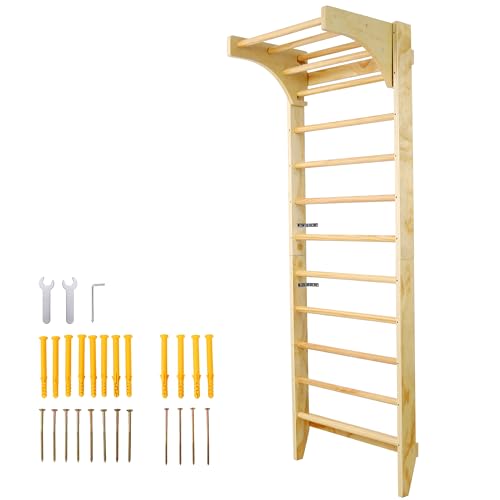 Adjustable Swedish Stall Bars & Pull-Up Bar for Home Gym, Physical Therapy - Heavy-Duty Beech/Pine Wood, Space-Saving Wall-Mounted Design