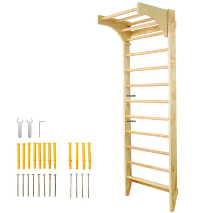 Adjustable Swedish Stall Bars & Pull-Up Bar for Home Gym, Physical Therapy - Heavy-Duty Beech/Pine Wood, Space-Saving Wall-Mounted Design