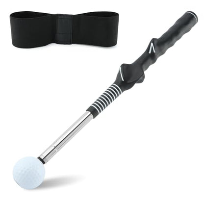 Retractable Golf Swing Trainer for Right-Handed Players, Tempo Stick with Click Feedback, 14.96–27.95 in, Includes Arm Band and Grip Trainer, Indoor Outdoor Warm-Up Practice, Black