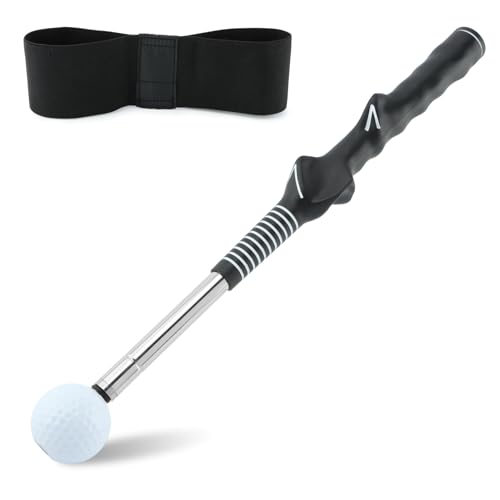 Retractable Golf Swing Trainer for Right-Handed Players, Tempo Stick with Click Feedback, 14.96–27.95 in, Includes Arm Band and Grip Trainer, Indoor Outdoor Warm-Up Practice, Black