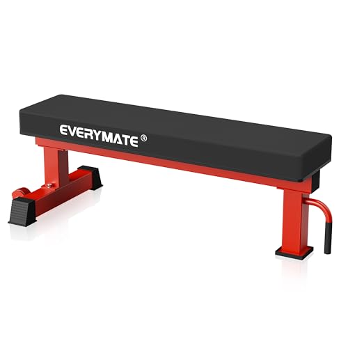 Flat Bench, 4" Thick HeftyGrip Vinyl Pad, Rated 1,200 LB, Flat Benches for Home Gym & Strength Training, Professional Grade Flat Weight Bench Made of Heavy Duty 3"*3" Tube (Red)