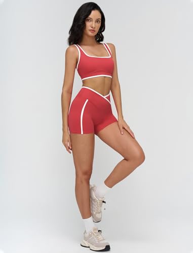 Women 2 Piece Workout Sets Backless Color Block Sports Bra High Waist Tummy Control Active Shorts Yoga Pilates Outfits