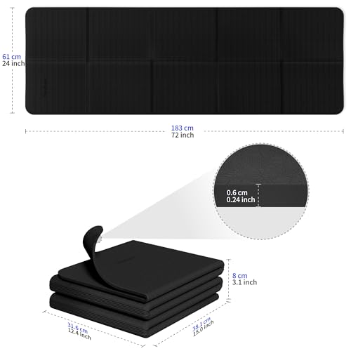Readaeer Foldable Yoga Mat for Travel Folding Yoga Mat 6mm Thick with Carrying Bag, Non-Slip TPE Exercise Pilates Mat for 72" L x 24" W x 0.24 Inch