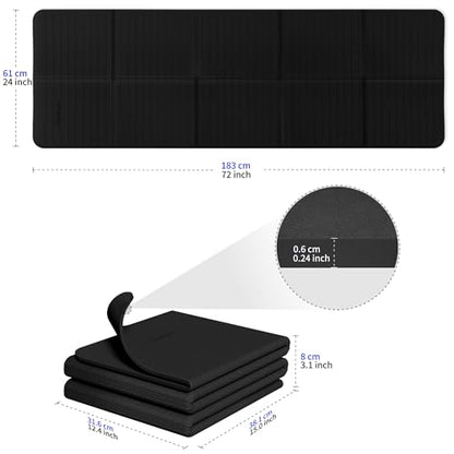Readaeer Foldable Yoga Mat for Travel Folding Yoga Mat 6mm Thick with Carrying Bag, Non-Slip TPE Exercise Pilates Mat for 72" L x 24" W x 0.24 Inch