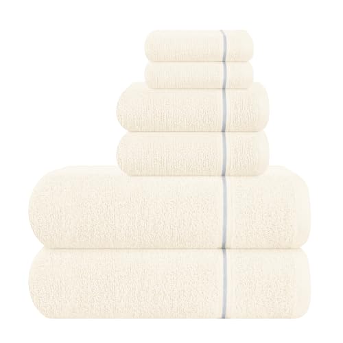 MyOwn Ultra Soft 6 Pack Cotton Towel Set, Contains 2 Bath Towels 28x55 inch, 2 Hand Towels 16x24 inch & 2 Wash Coths 12x12 inch, Ideal Everyday use, Compact & Lightweight - Ivory
