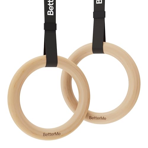 BetterMe Wooden Gymnastics Rings - Gymnastics Rings for Home with Adjustable Straps - Gym Rings and Calisthenics Rings for Pull-Ups, Ring Rows, and Dips - Portable Workout Rings