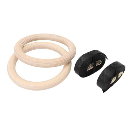 Wooden Gymnastics Rings | Birch Pull Up Rings for Strength Training/Bodyweight Workout/Outdoor Gym | Adjustable Straps with Metal Buckles, 4.5m Length
