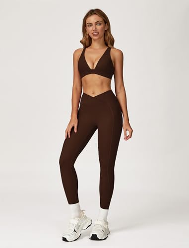 ABOCIW Womens Two Piece Workout Sets Deep V Neck Sports Bra Crossover Leggings with Pockets Gym Yoga Pilates Outfits